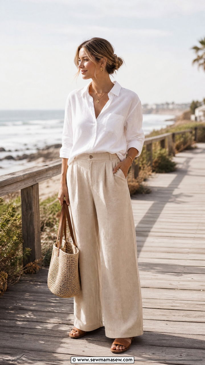 Linen Wide Leg Pants With Button Down Shirt - 30 modest classy outfits for women