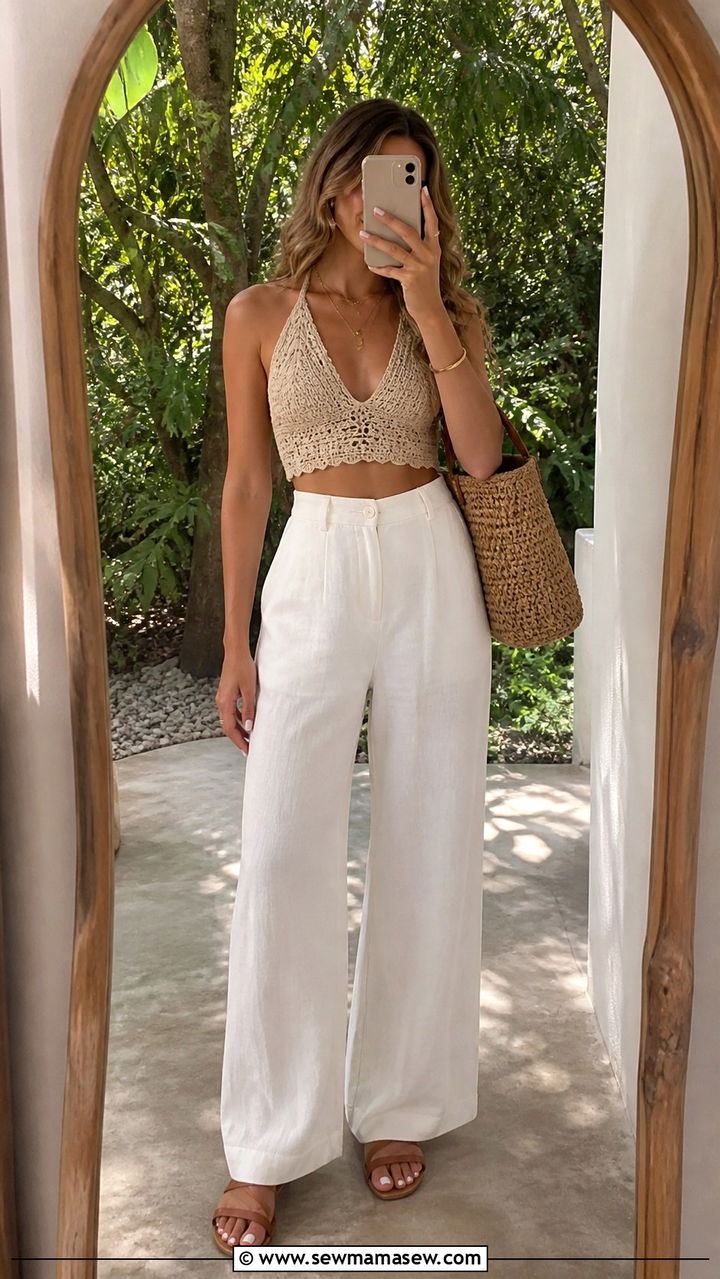 Linen Wide Leg Pants With Crochet Halter Top - 40 Summer festival outfits