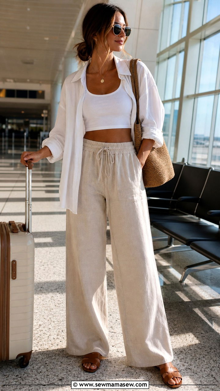 Linen Wide Leg Pants With Cropped Tank Top - 40 summer airport outfit ideas