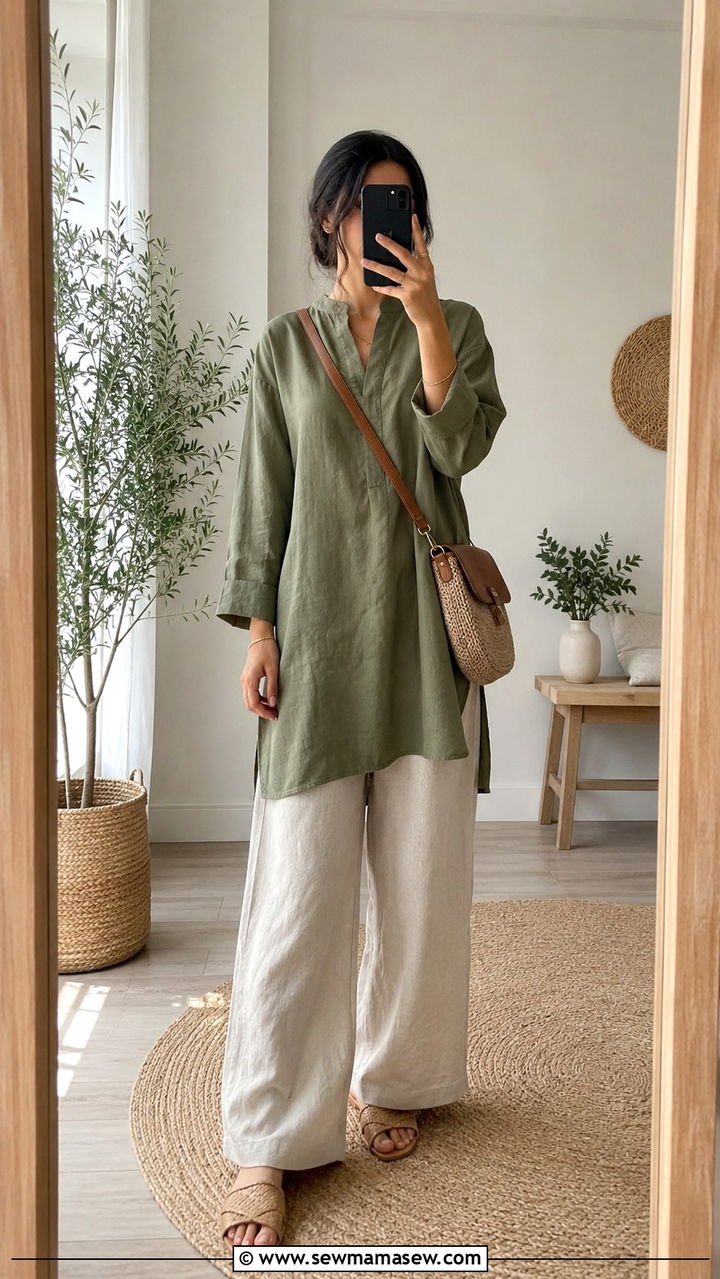 Linen Wide Leg Pants With Long Tunic Top - 30 Modest outfit ideas with wide leg pants