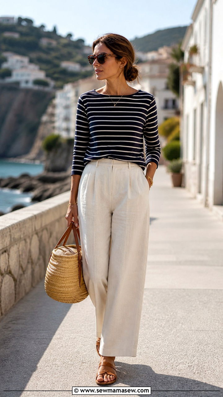 Linen Wide Leg Pants With Striped Boatneck Tee - 40 Cute spring outfits