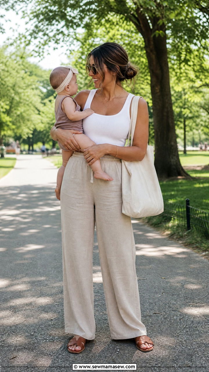 Linen Wide Leg Pants With Tank Top - 30 summer outfits for new moms