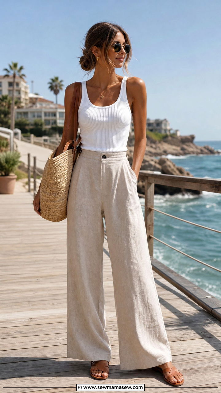 Linen Wide Leg Pants With Tank Top Outfit - 25 casual elegant outfits