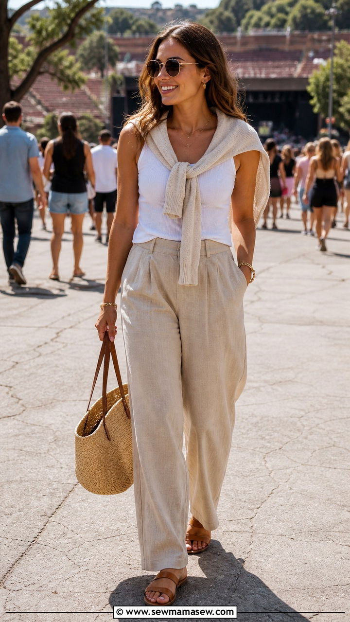 Linen Wide Leg Pants and Tank Outfit - 20 Amphitheater concert outfit ideas