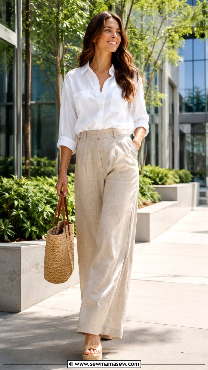 Linen Wide Leg Pants with Cotton Blouse and Espadrille Wedges - 30 Modest outfit ideas for work