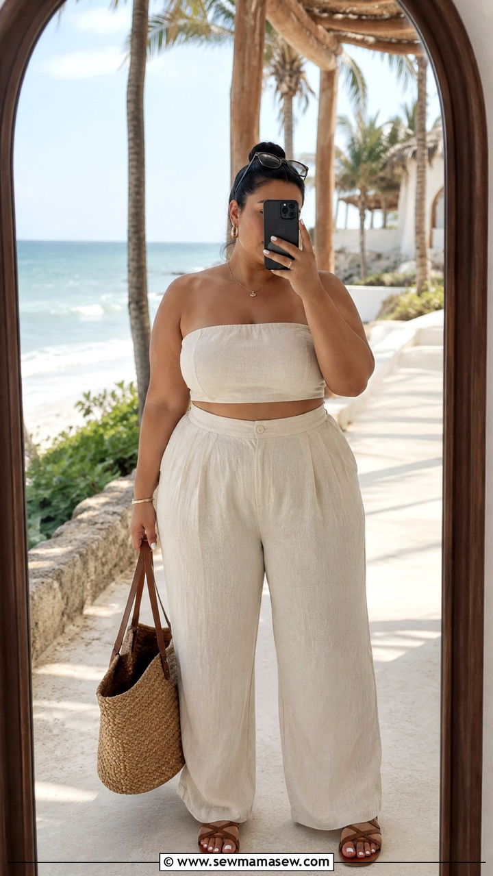 Linen Wide Leg Pants with Cropped Tank - 25 Plus size outfit ideas for 16-18