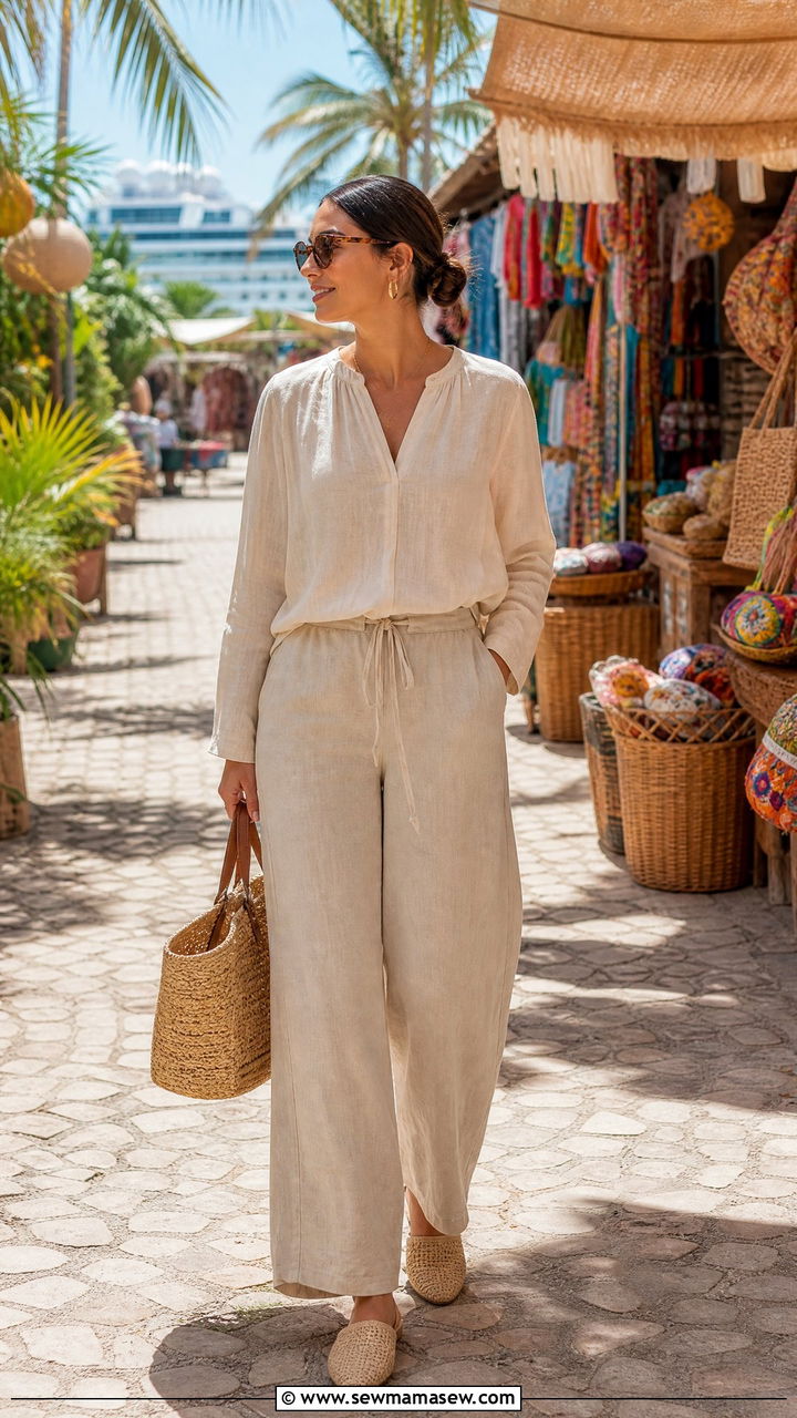 Linen Wide Leg Pants with Long Sleeve Blouse - 30 modest cruise outfit ideas
