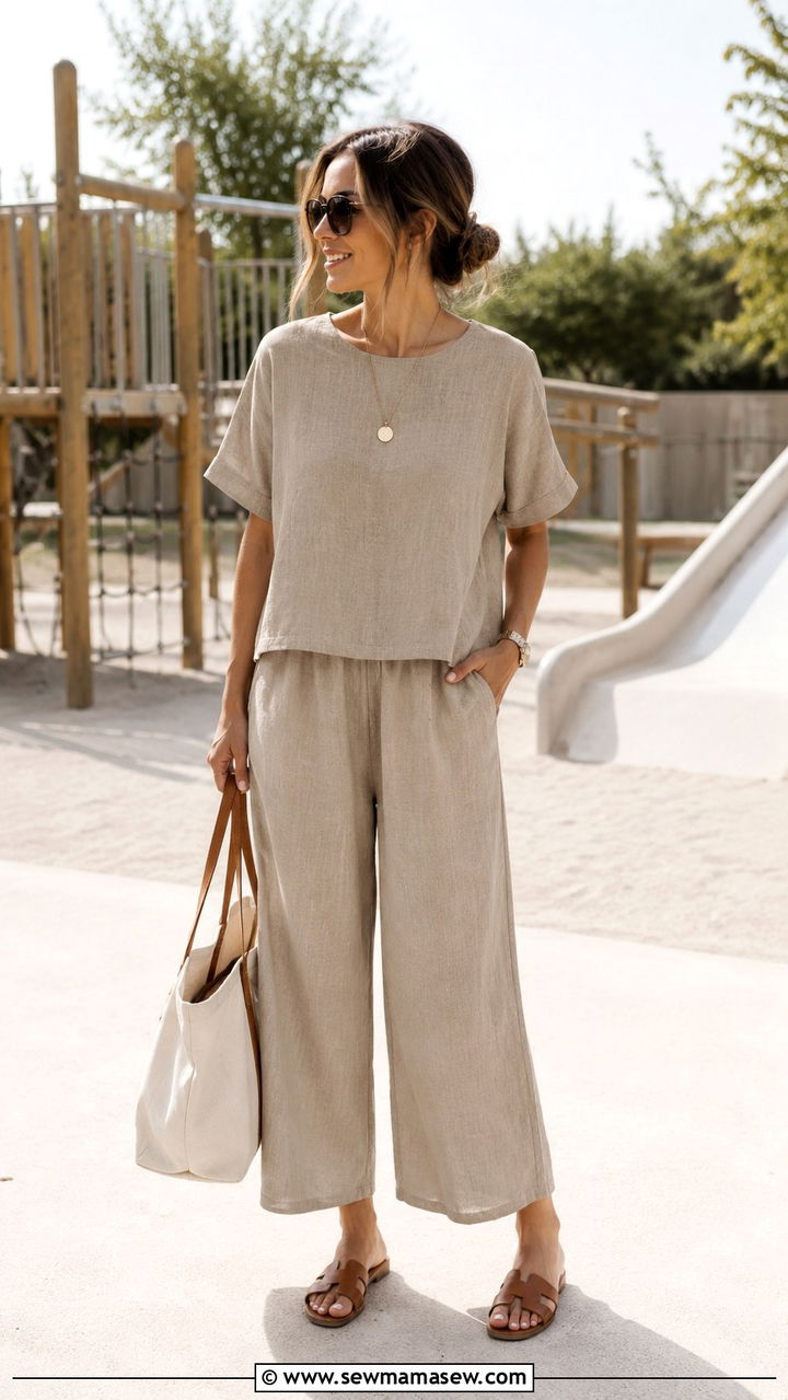 Linen Wide Leg Pants with Matching Boxy Top - 25 Playground outfit ideas for moms