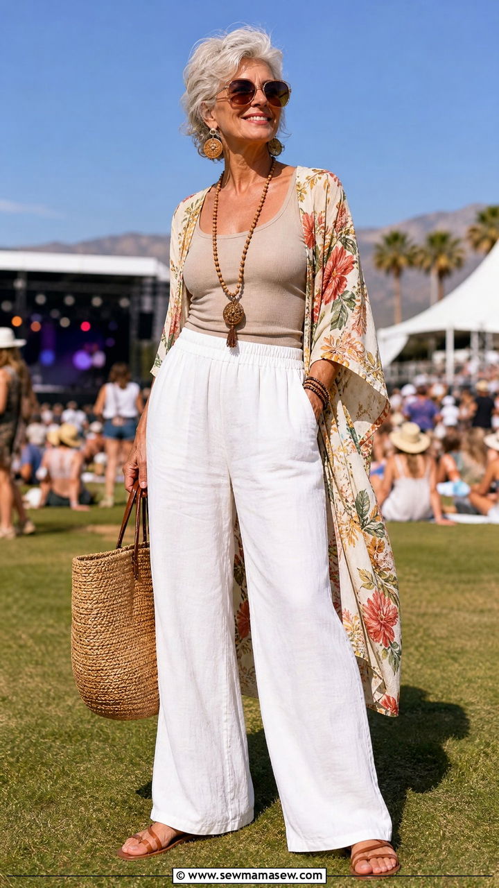 Linen Wide Leg Pants with a Tank Top and Kimono - 30 Concert outfits for women over 50