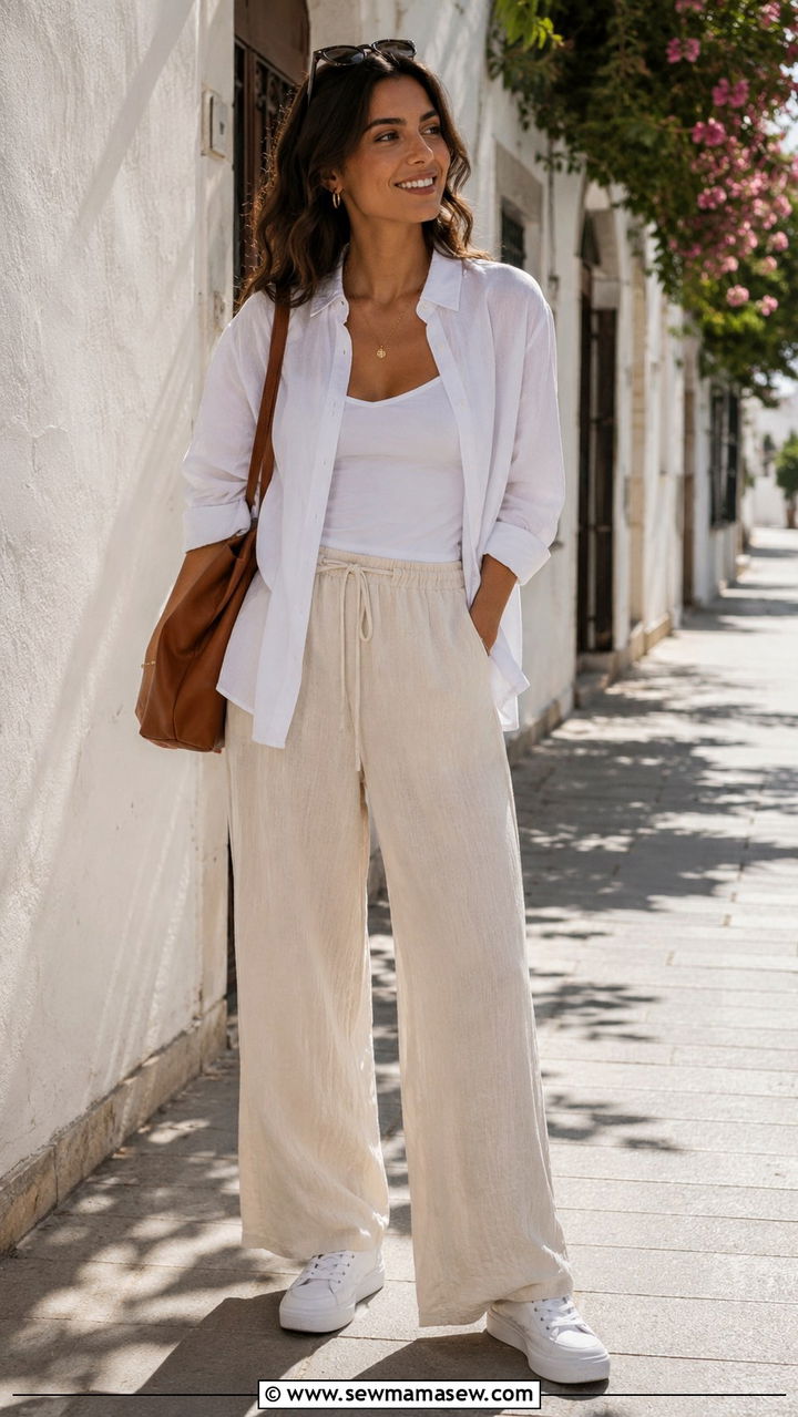 Linen Wide Leg Pants with an Oversized Button Down and Sneakers - 30 Linen pants outfit ideas with sneakers