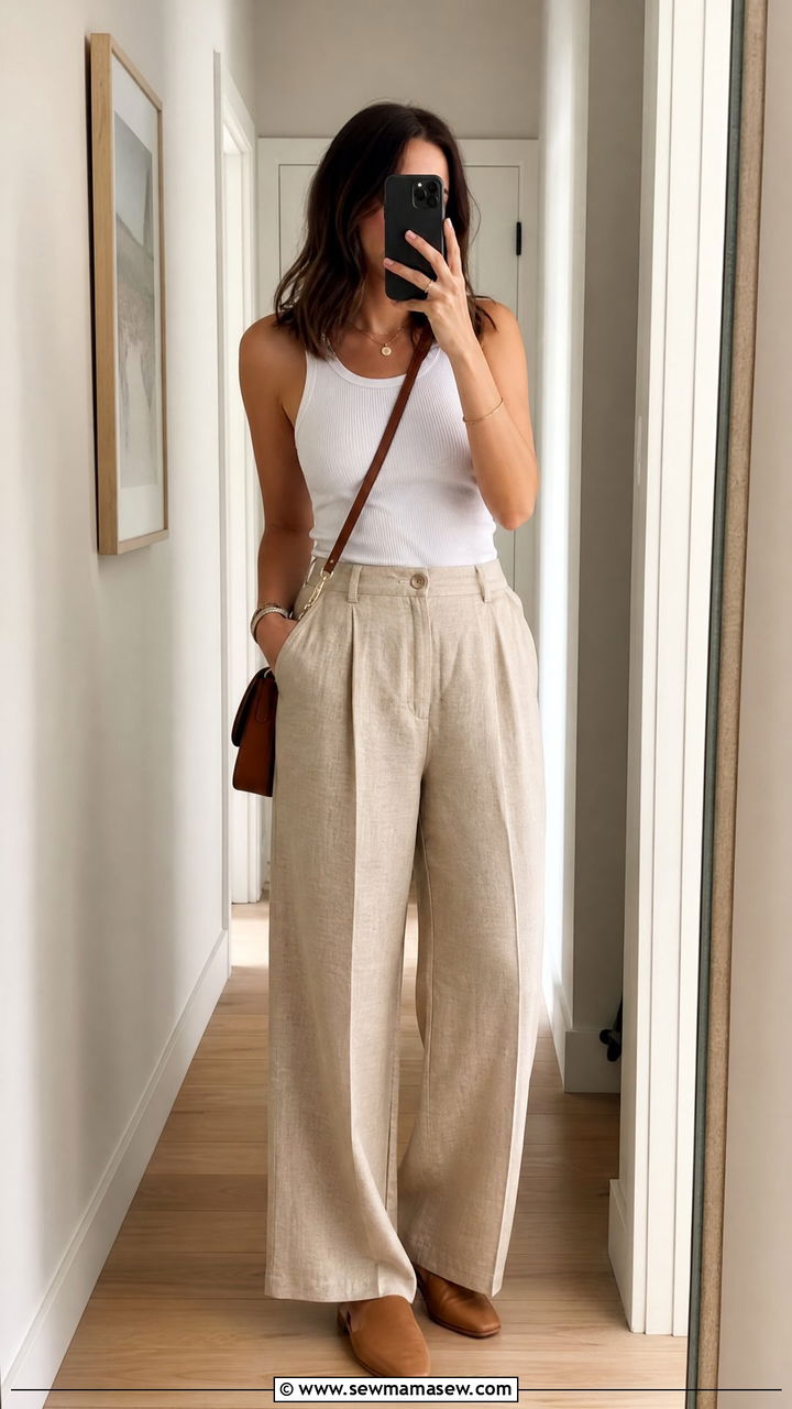 Linen Wide Leg Trousers With Leather Slip On Mules - 25 Spring outfits with slip ons