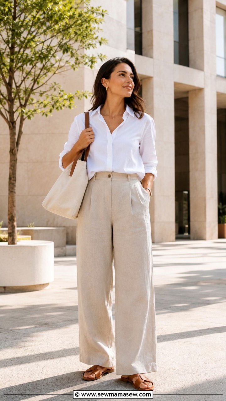 Linen Wide Leg Trousers with Cotton Button Down - 30 Modest outfit ideas for working mom