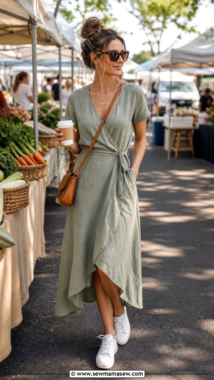 Linen Wrap Dress Mom Outfit With Sneakers - 40 Stylish outfits for moms