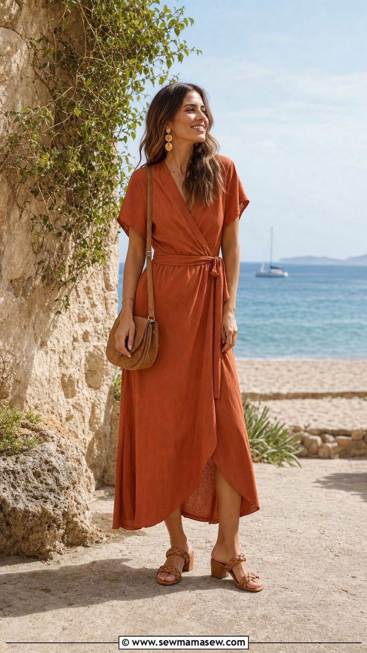 Linen Wrap Dress With Braided Sandals For Beach Wedding Guest - 35 Beach wedding guest outfits