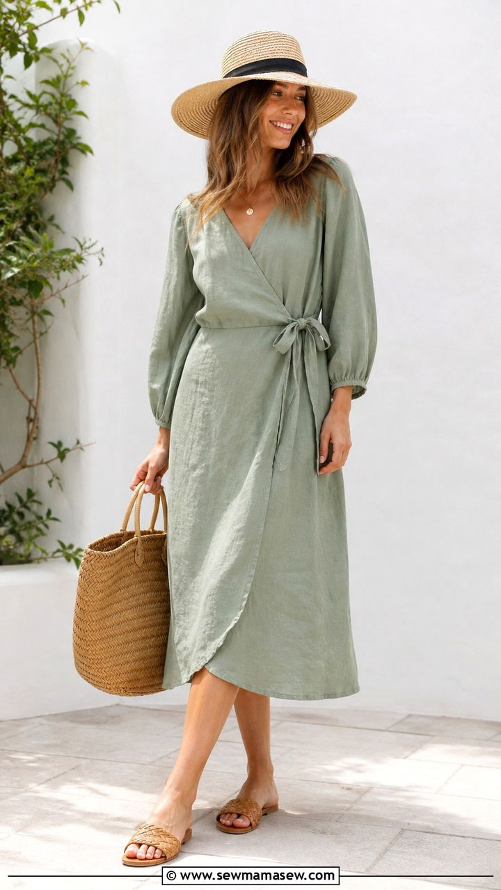 Linen Wrap Dress With Woven Accessories - 40 boho chic outfits
