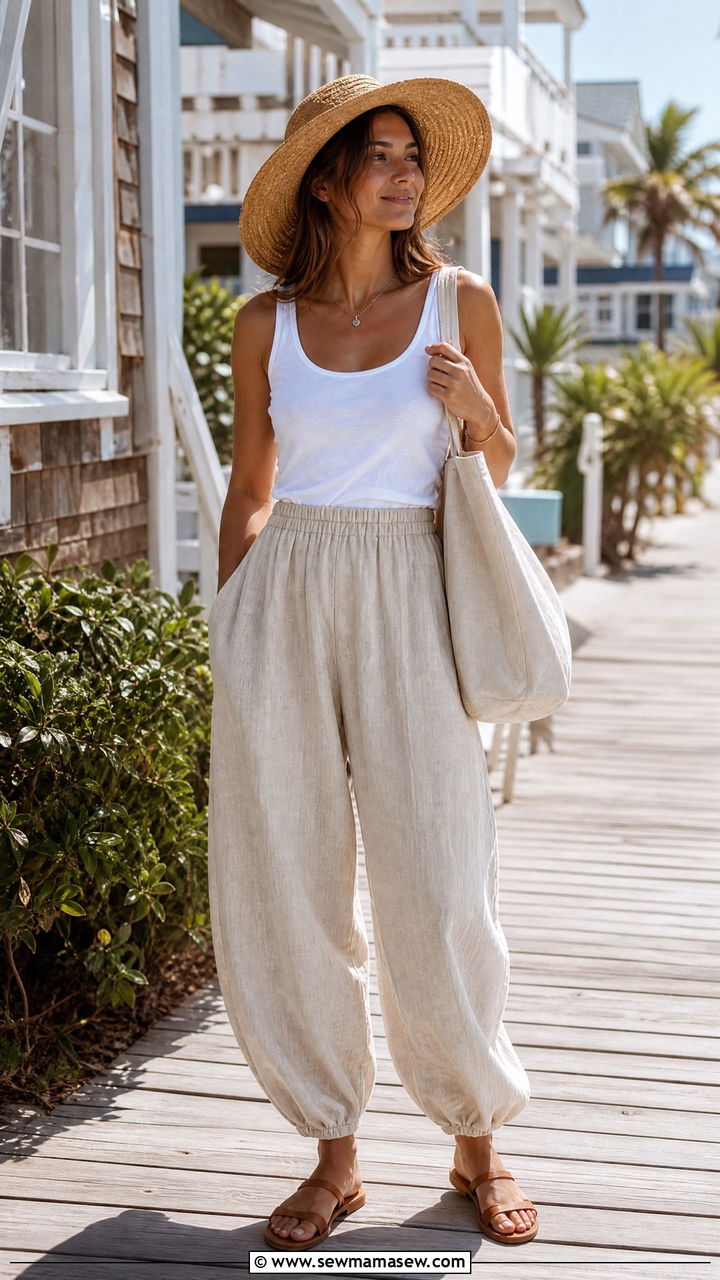 Linen balloon pants with a tank top and flat sandals for summer - 25 how to style balloon pants outfits