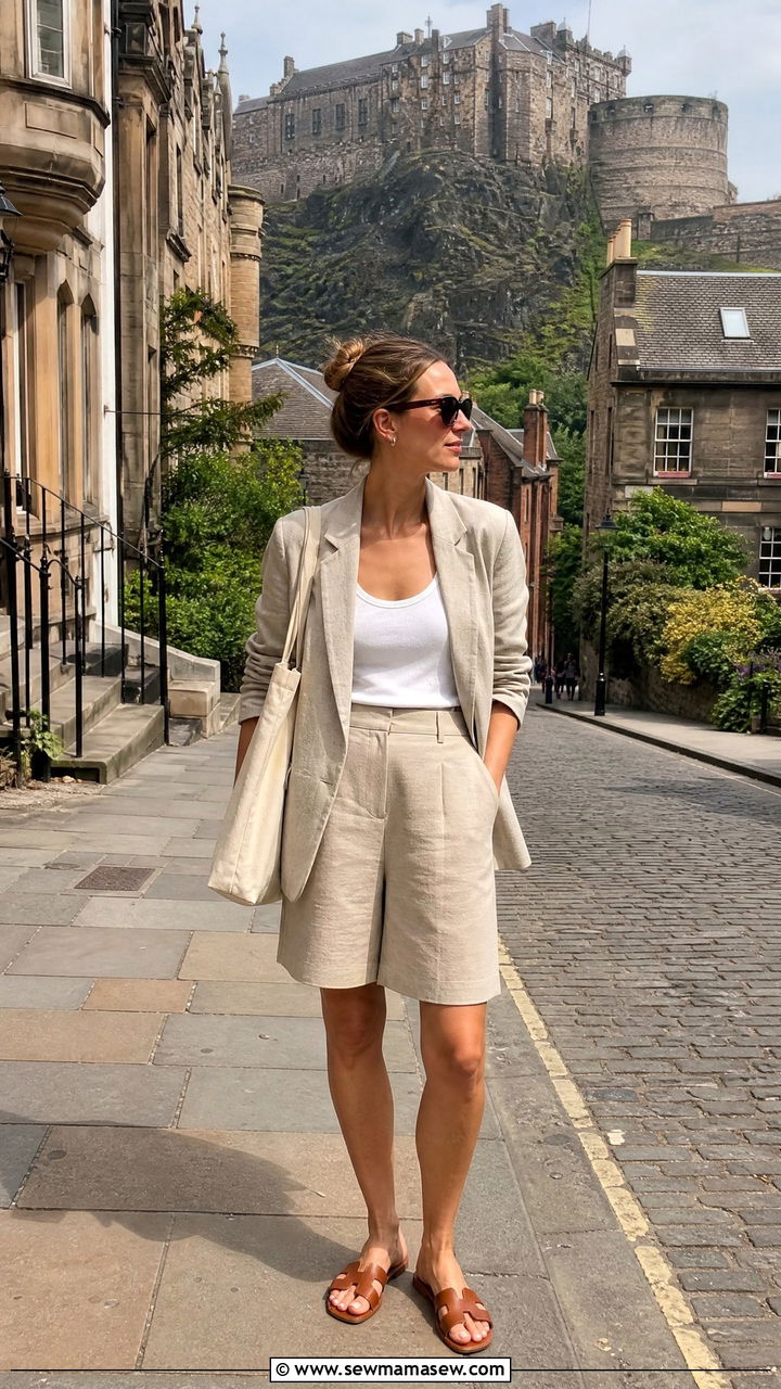 Linen blazer and bermuda shorts summer - 30 Edinburgh outfit ideas