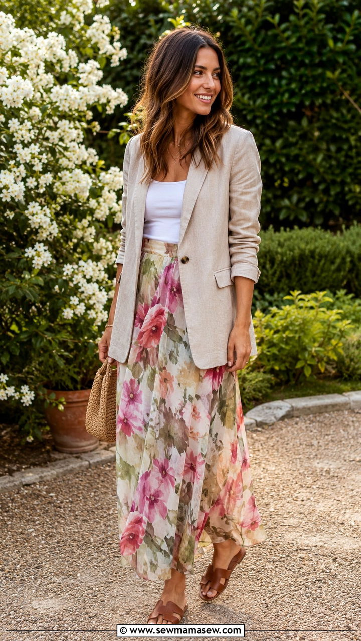 Linen blazer and floral maxi skirt outfit - 30 Maxi skirt outfit ideas with a blazer