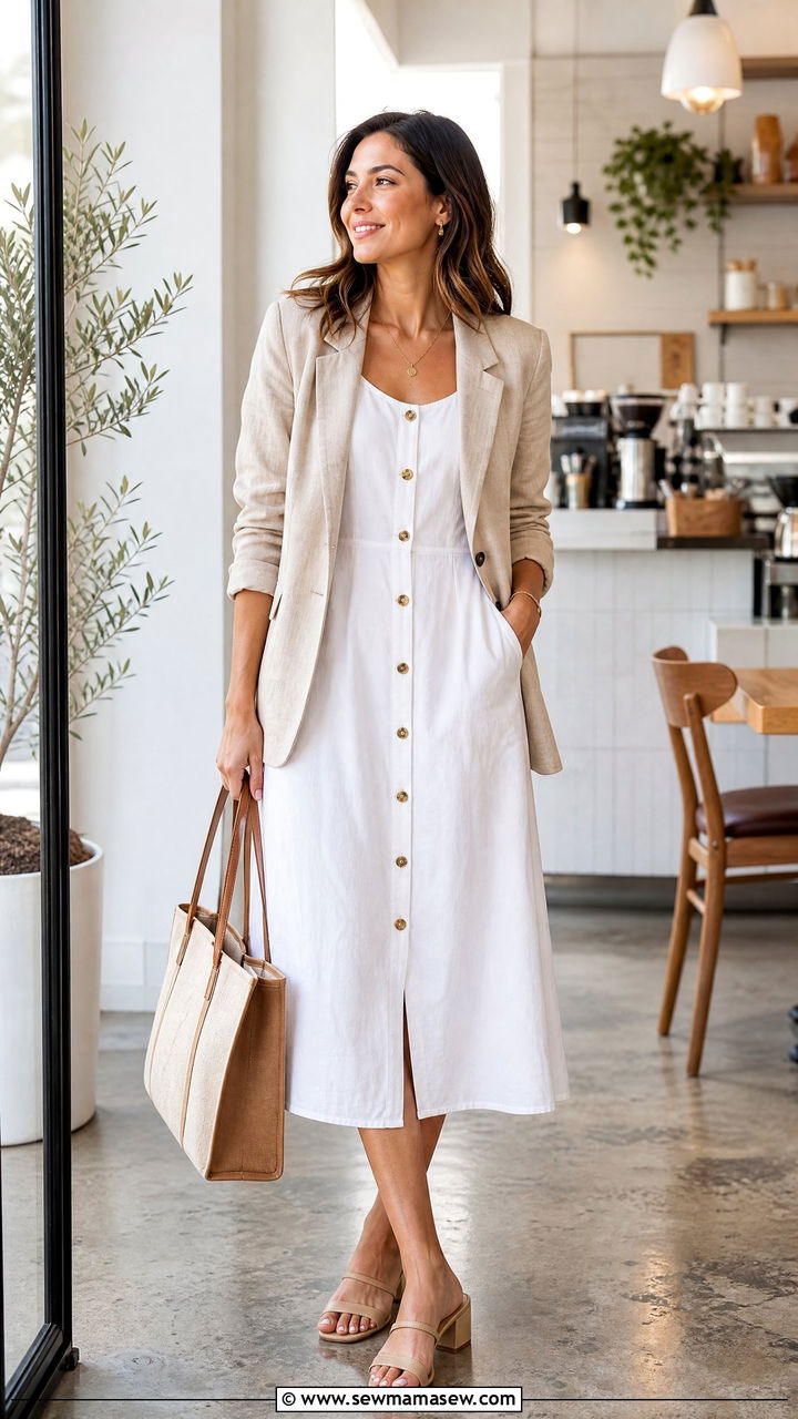 Linen blazer with button front midi dress - 30 Linen blazer outfit ideas with a dress