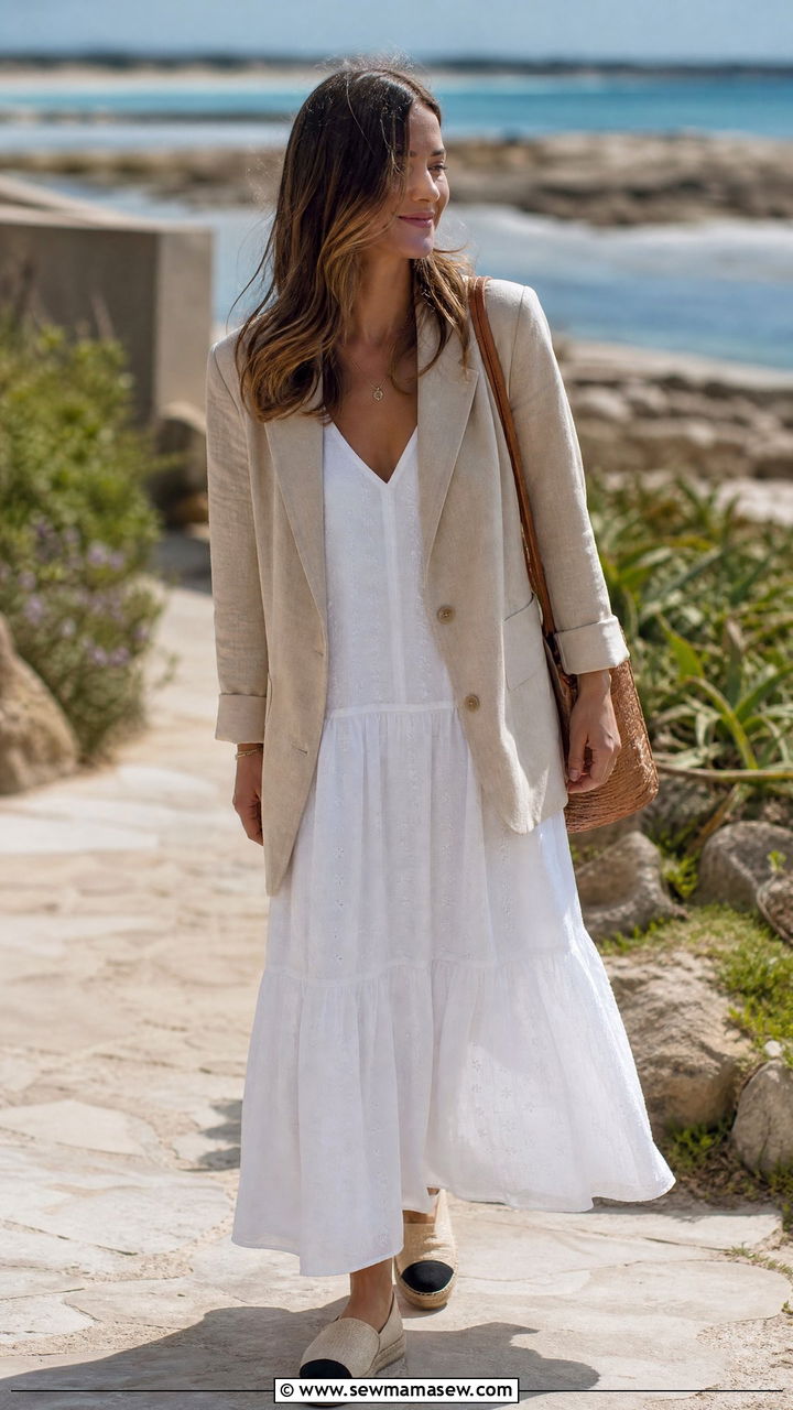Linen blazer with cotton maxi dress and espadrilles - 30 Maxi dress outfit ideas with a jacket