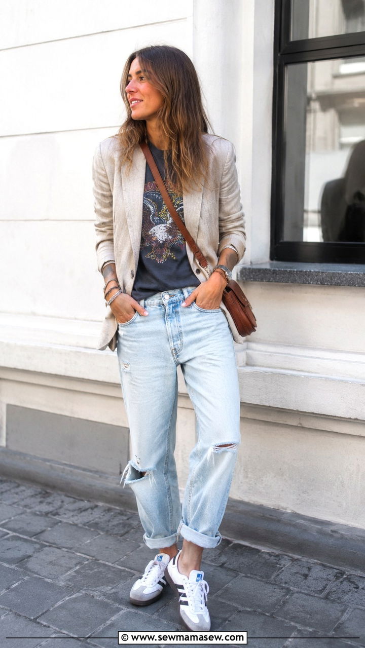 Linen blazer with graphic tee and distressed jeans - 30 Linen blazer outfit ideas with sneakers