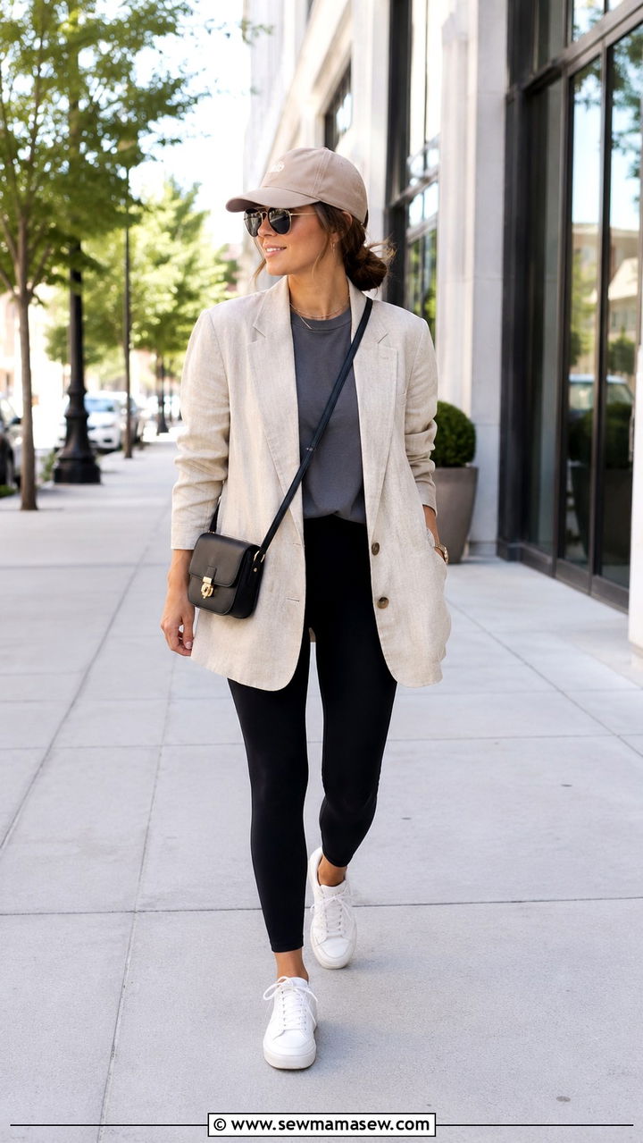 Linen blazer with leggings and baseball cap - 30 Linen blazer outfit ideas with sneakers