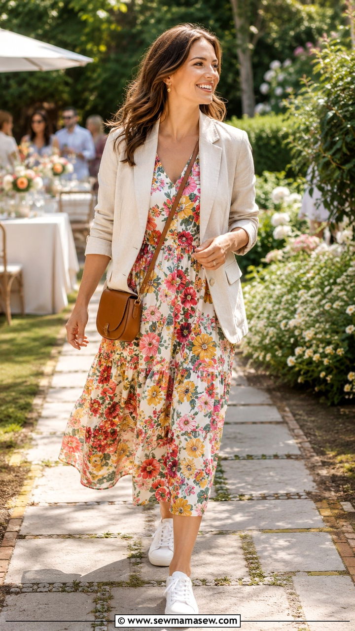 Linen blazer with printed midi dress and sneakers - 30 Linen blazer outfit ideas with sneakers