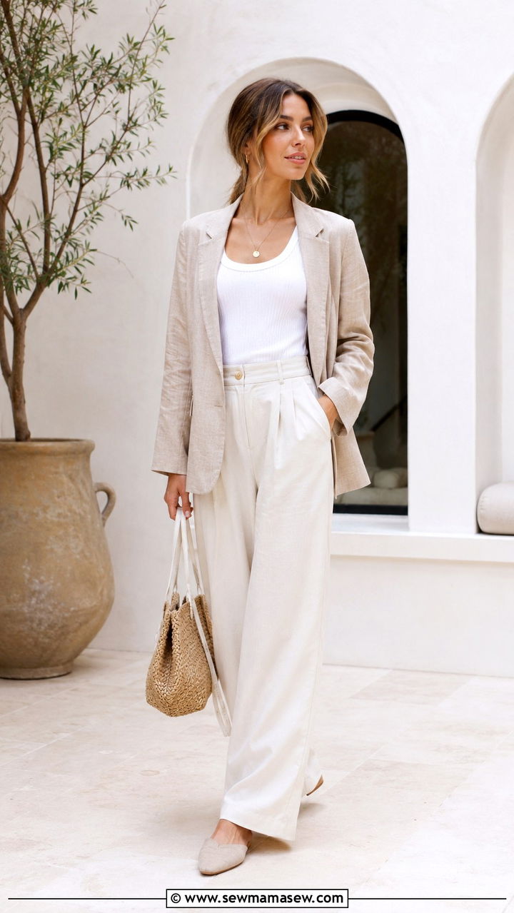 Linen blazer with tank and wide leg pants outfit - 20 Summer outfits for 55 degree weather