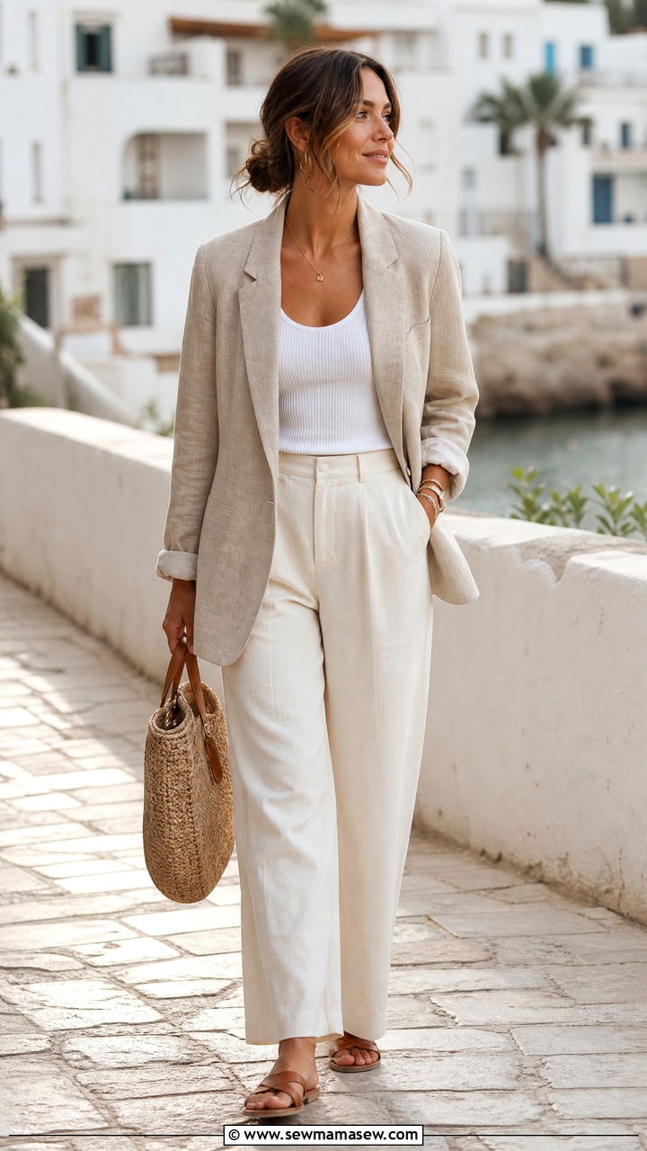 Linen blazer with tank and wide leg pants - 35 Layering outfits for changing weather