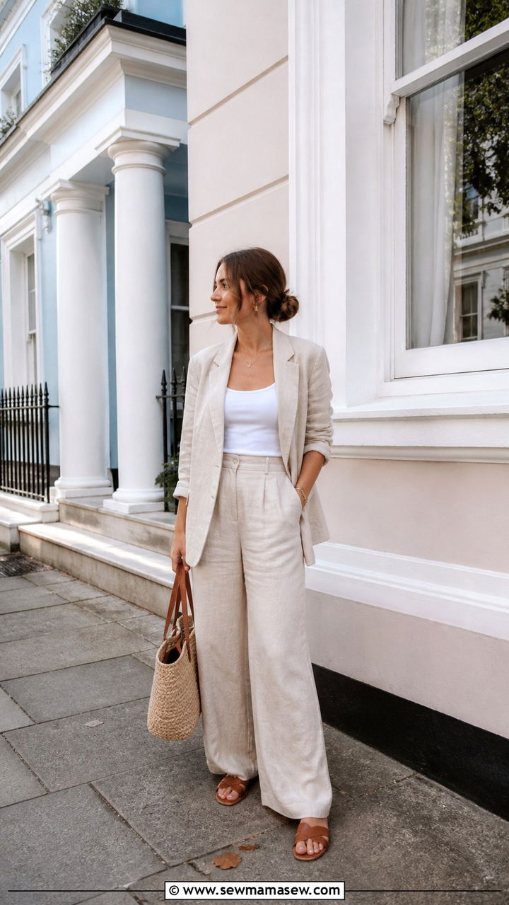 Linen blazer with tank top and wide leg trousers - 40 London outfit ideas