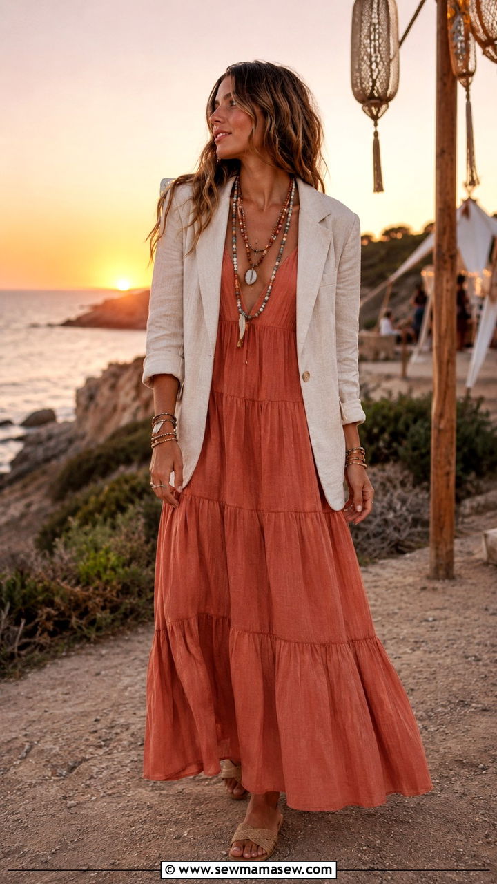 Linen blazer with tiered maxi dress - 30 Linen blazer outfit ideas with a dress