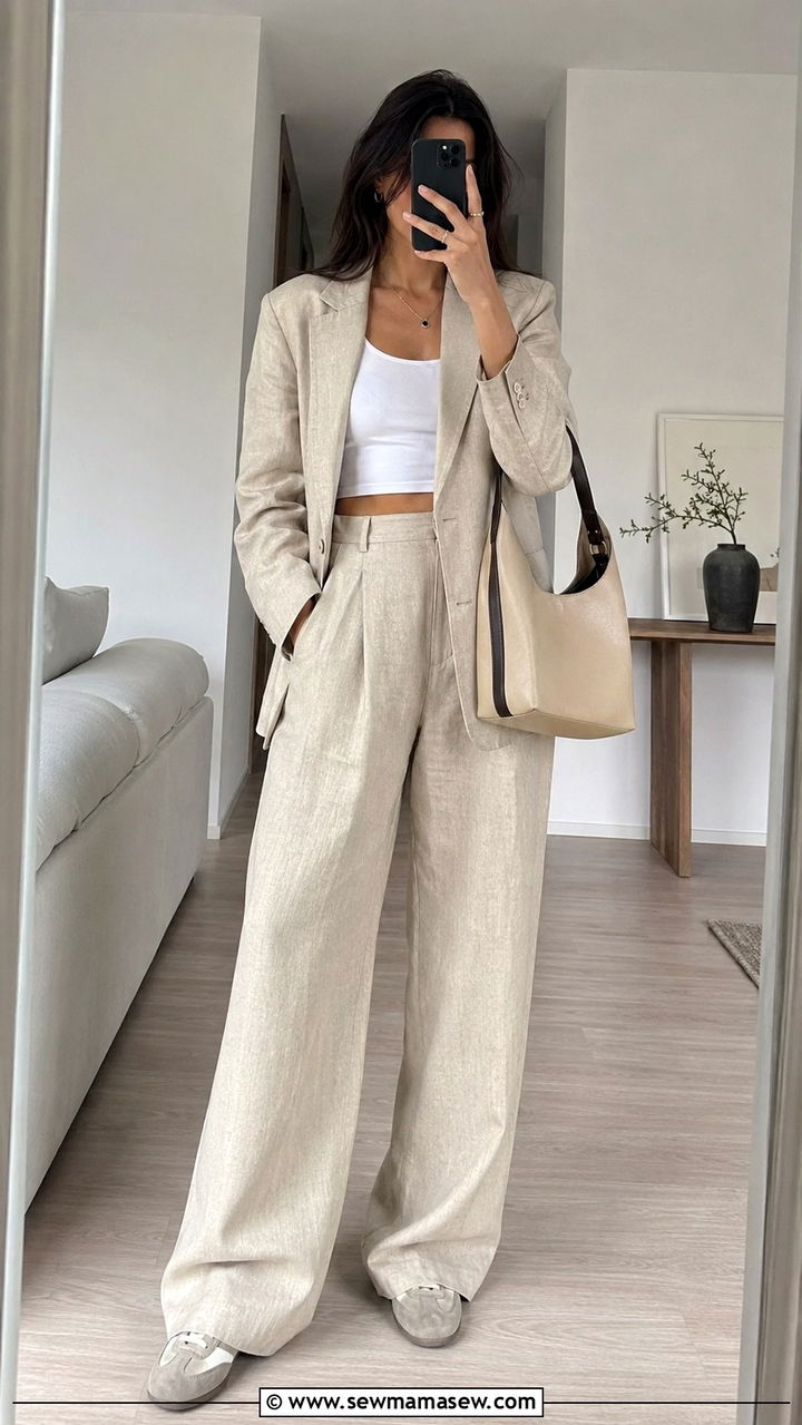 Linen blazer with wide leg linen pants and cropped tank - 30 Linen blazer outfit ideas with sneakers