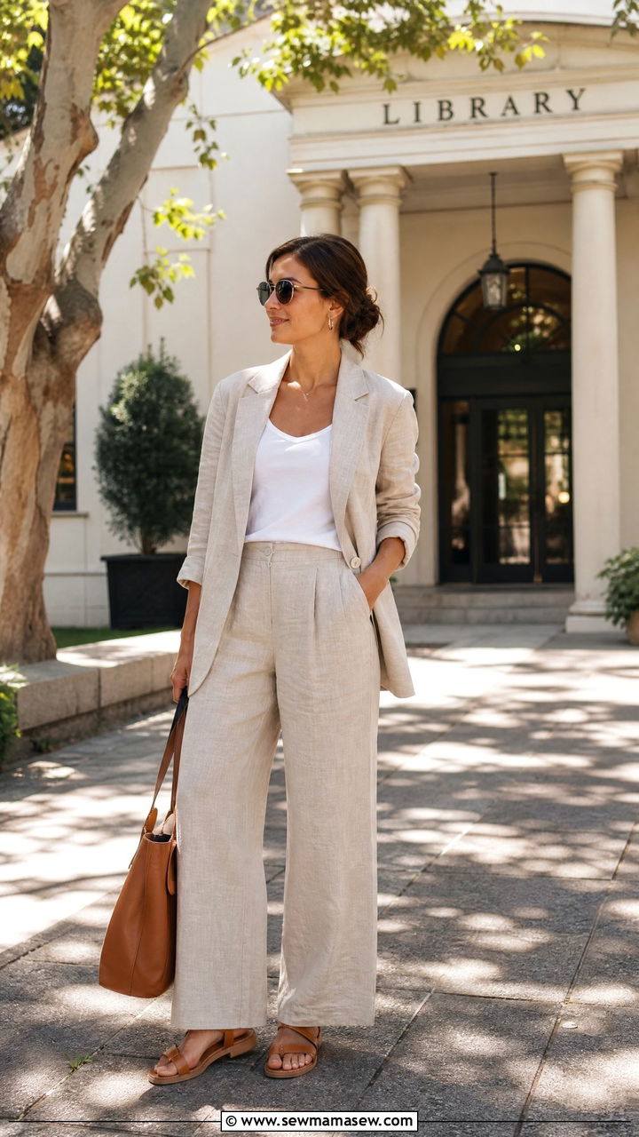 Linen blazer with wide leg linen trousers and leather sandals - 35 Librarian outfit ideas for work