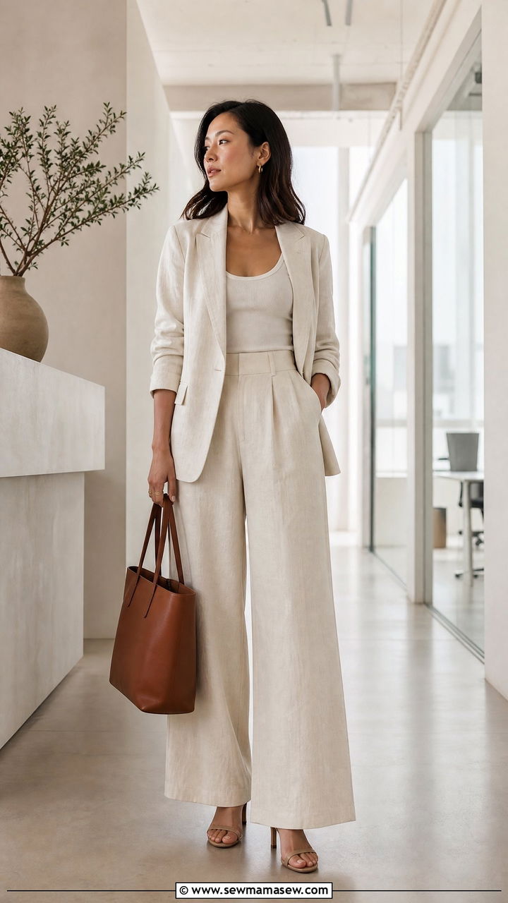 Linen blazer with wide leg trousers - 30 Boho outfit ideas petite