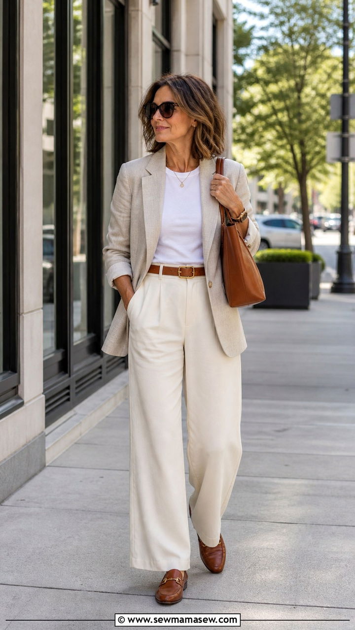 Linen blazer with wide leg trousers spring outfit - 40 Spring outfit ideas for women over 40 2026