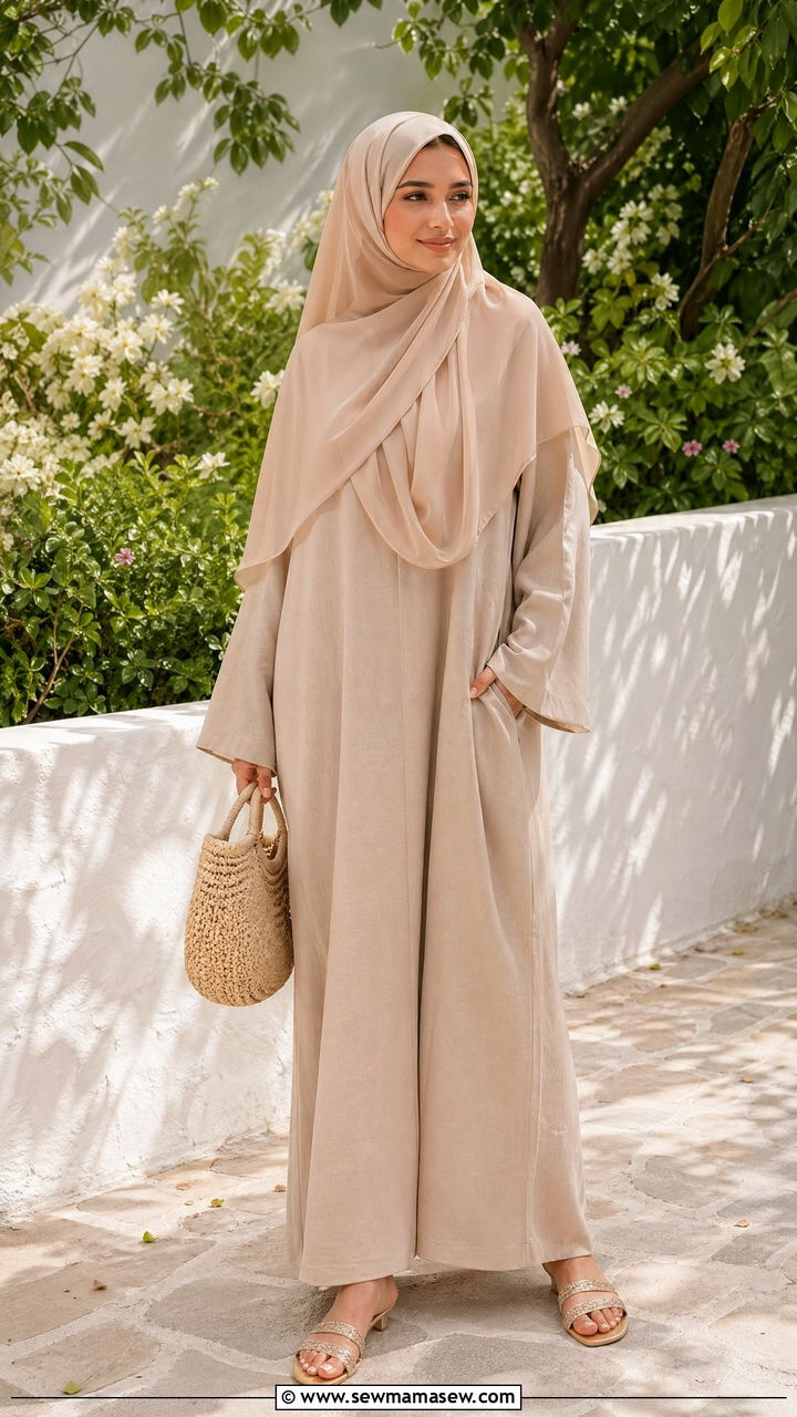 Linen blend abaya with chiffon khimar - 35 Eid outfit ideas modest