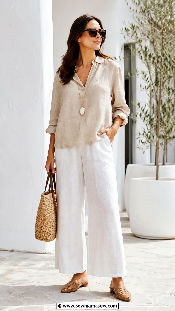 Linen blend blouse with relaxed palazzo pants and mules - 30 Spring outfit ideas for work from home