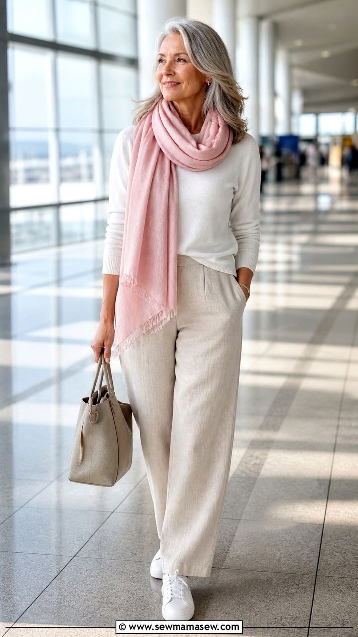 Linen blend pants with lightweight sweater and pashmina scarf - 20 Airport outfit ideas for women over 60