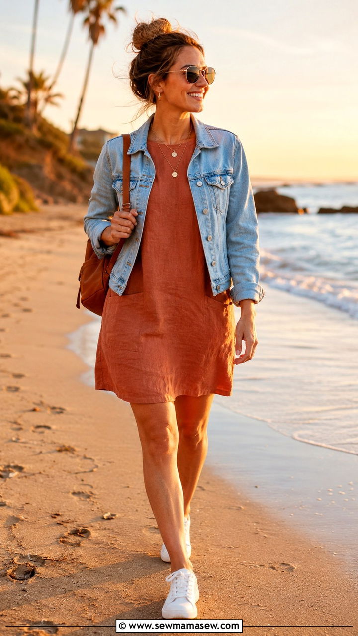 Linen blend shift dress with a denim jacket - 30 Shift dress outfit ideas for summer