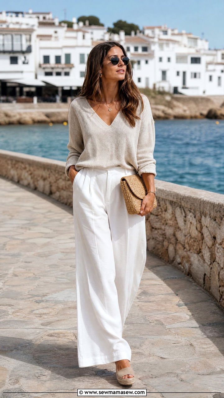 Linen blend sweater with white trousers and espadrilles - 35 How to style a sweater in summer
