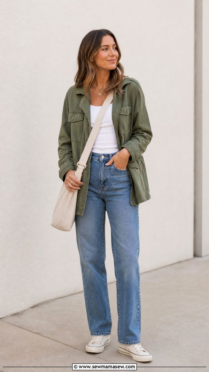 Linen blend utility jacket with straight leg denim - 30 Elevated casual outfit ideas for women over 40
