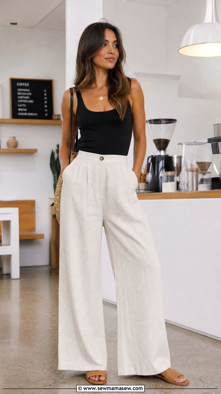 Linen blend wide leg pants and tank top with woven slide sandals - 30 summer outfits for postpartum women