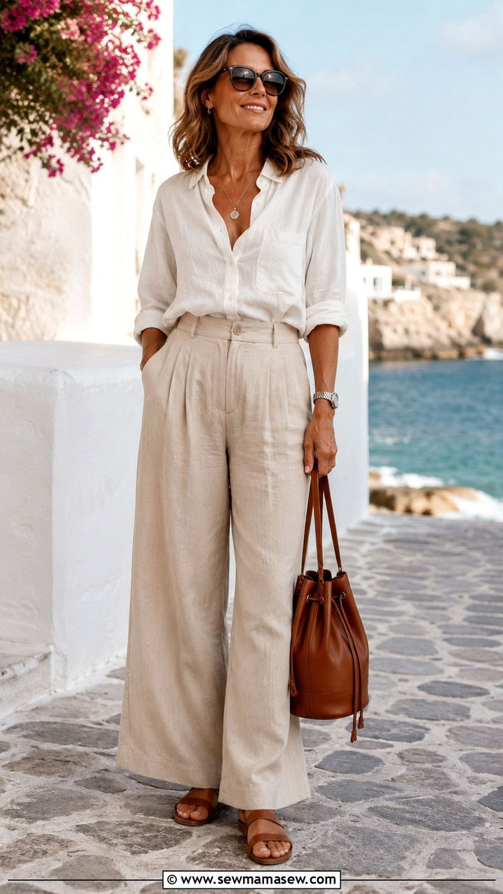 Linen blouse with high waisted linen pants outfit - 30 Outfit ideas for women over 40 errands