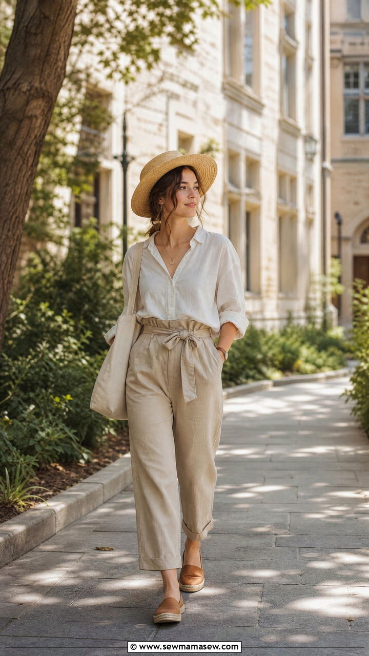 Linen blouse with paperbag waist trousers and espadrilles outfit - 40 light academia outfits