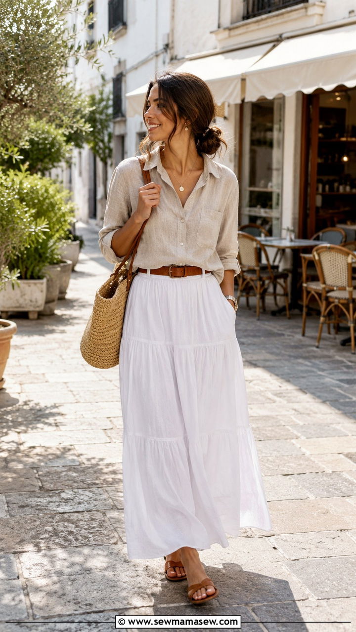 Linen blouse with white maxi skirt - 30 Spring outfits with maxi skirts