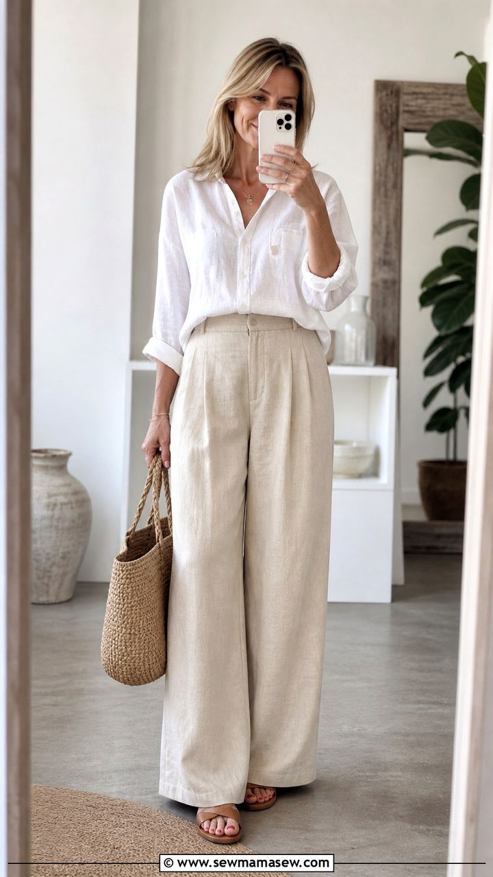 Linen blouse with wide leg trousers - 40 spring outfit ideas for women over 40
