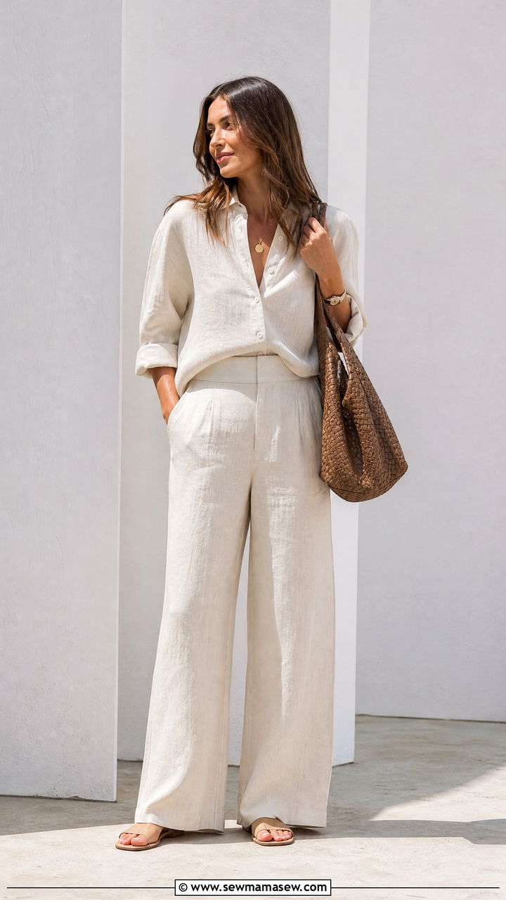 Linen button down and matching pants for office - 30 Matching set outfit ideas for office
