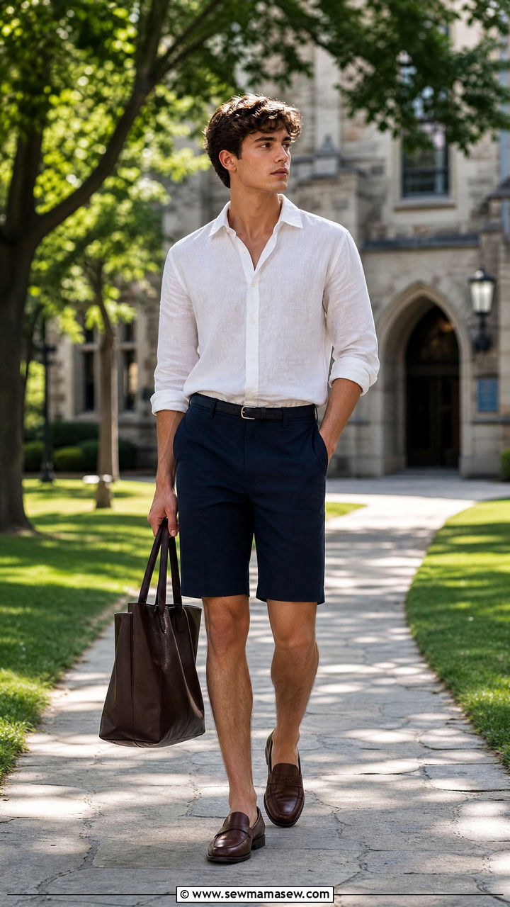 Linen button down and tailored bermuda shorts outfit - 30 Summer capsule wardrobe for college