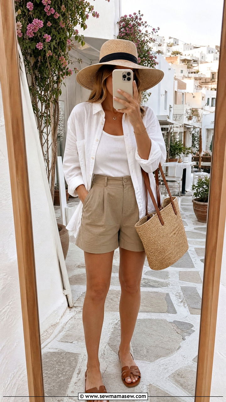 Linen button down and tailored shorts spring packing outfit - 25 Spring packing list outfits