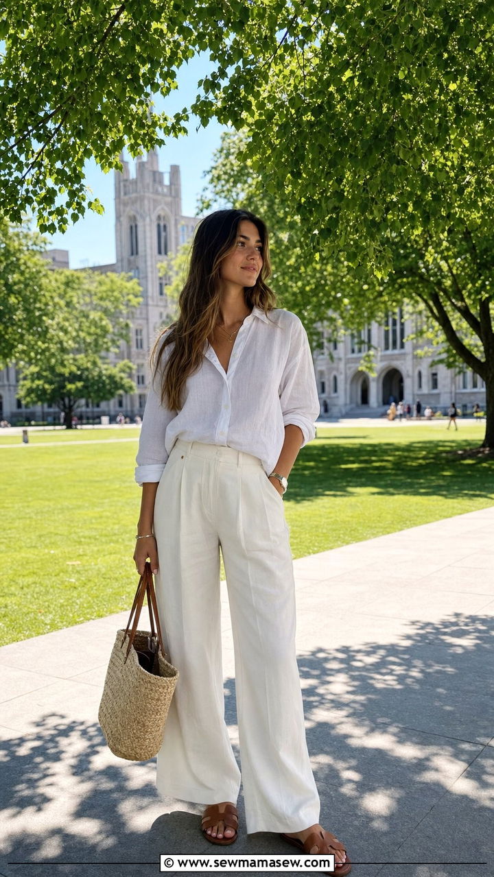 Linen button down and wide leg trousers - 25 Clean girl outfits for college
